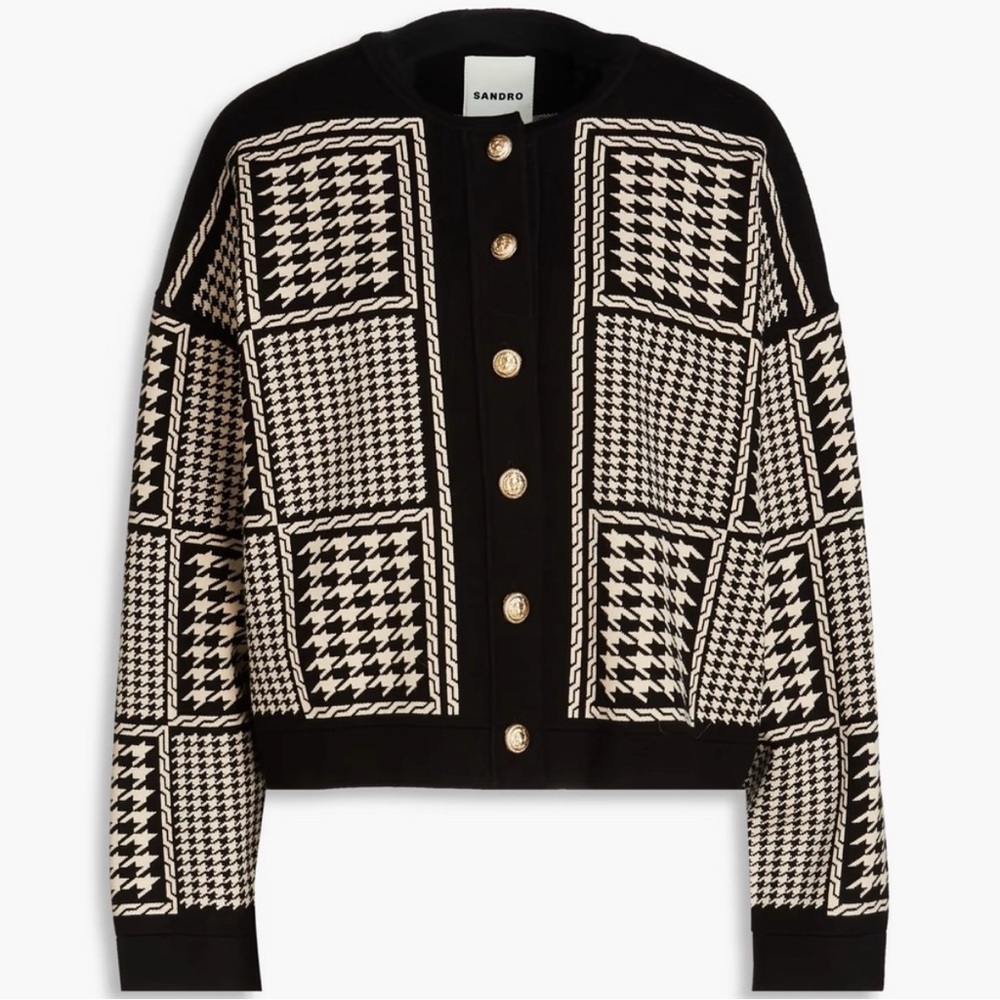 Sandro Jules Houndstooth Cropped Cardigan Black & Cream Size Large - Picture 3 of 13